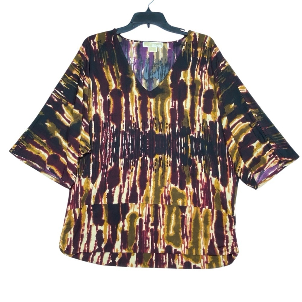 Michael Kors Tunic Top Women's L Abstract V-Neck Ruched Sides Dolman Sleeves